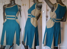 futuristic retro dress, blue turquoise silk and naturel linen 