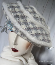 Baskenmütze Mütze, cremefarbene und grau-blaue Wolle, L-XL