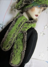 scarf, flash alligator green and kaki grey faux fur