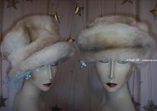chapeau hiver élegant blanc et brun vison fausse-fourrure
