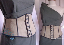 belt of ornaments on dress, natural and navy blue linen 