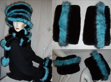 2 removable cuffs,  turquoise black iridescent and black faux-fur